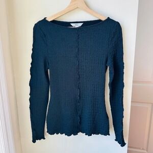 M&S Black Crinkle Popcorn Textured Long Sleeve Lettuce Edge Top Size 6‎ Regular